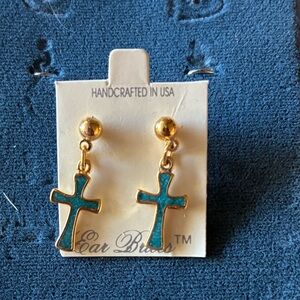 Gold Cross Drop Earrings with Turquoise Inlay